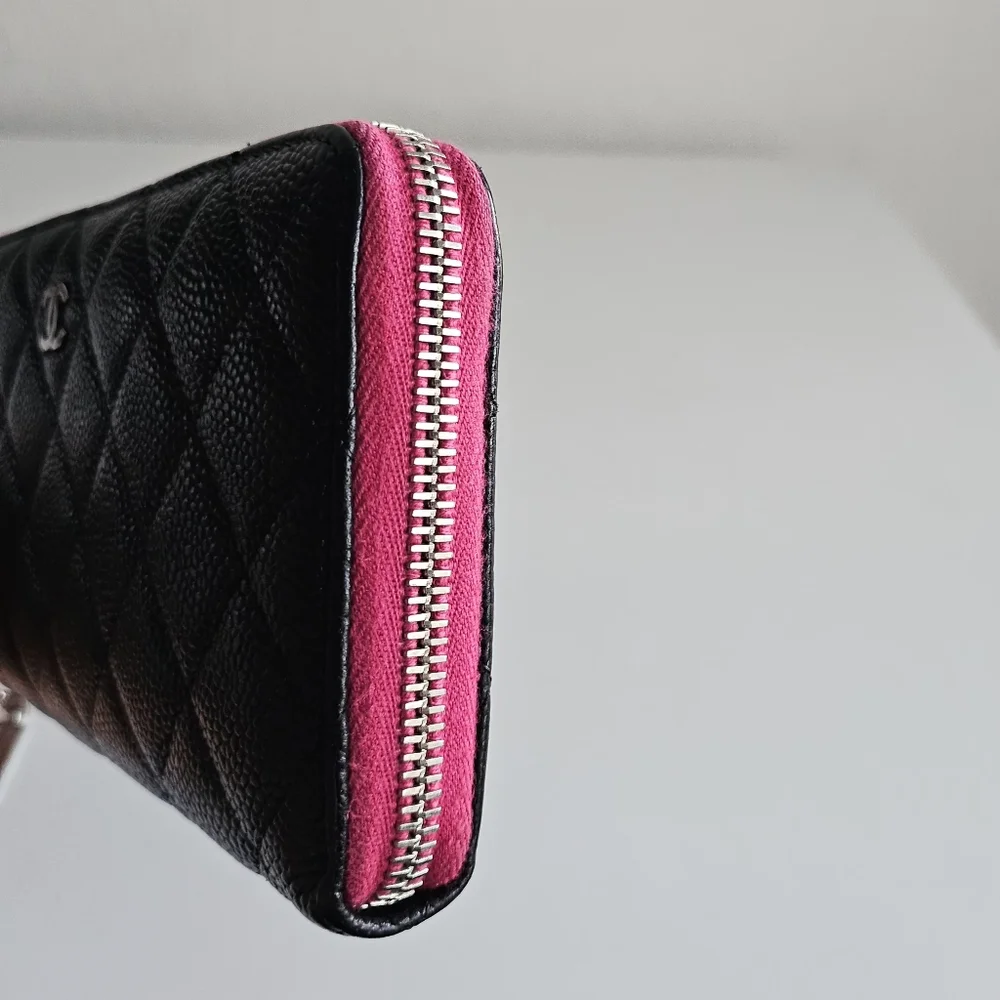 Chanel Black Caviar Quilted Zip Around Long Wallet